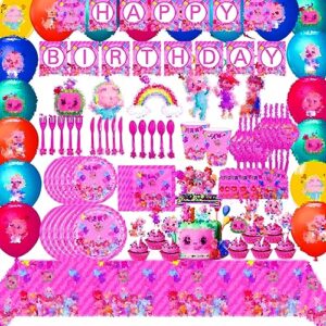 pink cartoon party decorations, pink cartoon party supplies pack flatware, banner, plates, cups, napkins, cake topper, tablecloth, balloons birthday party favor pack set for boy and girl