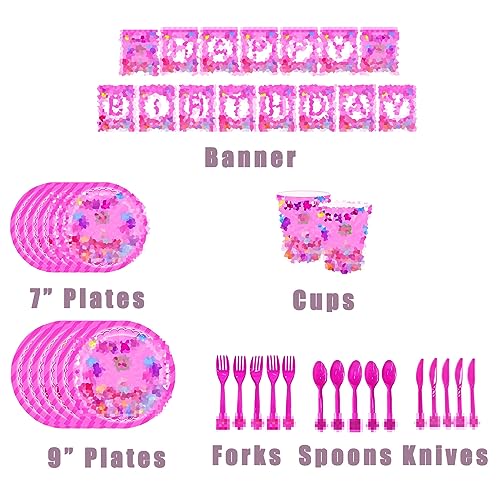 Pink Cartoon Party Decorations, Pink Cartoon Party Supplies Pack Flatware, Banner, Plates, Cups, Napkins, Cake Topper, Tablecloth, Balloons Birthday Party Favor Pack Set for Boy and Girl