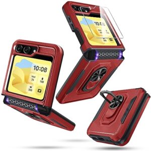 janmitta for samsung galaxy z flip 5 case built in front screen protector+hinge protection+finger ring metal kickstand,heavy duty shockproof full body protective cover,2023 red