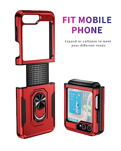 Janmitta for Samsung Galaxy Z Flip 5 Case Built in Front Screen Protector+Hinge Protection+Finger Ring Metal Kickstand,Heavy Duty Shockproof Full Body Protective Cover,2023 Red