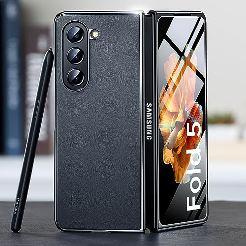 Waldeng 3-in-1 for Samsung Galaxy Z Fold 5 Case, [Omni-Directional Protection] [Metallic Glossy Bumper] Fascinating Touch Silm Fit Stylish Leather 5g Case for Galaxy Z Fold 5 Phantom Black