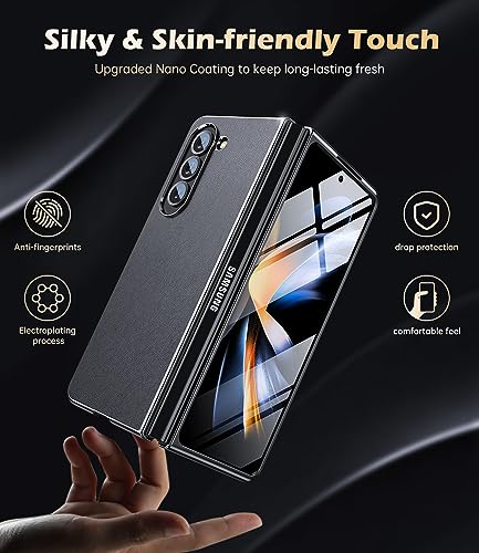 Waldeng 3-in-1 for Samsung Galaxy Z Fold 5 Case, [Omni-Directional Protection] [Metallic Glossy Bumper] Fascinating Touch Silm Fit Stylish Leather 5g Case for Galaxy Z Fold 5 Phantom Black