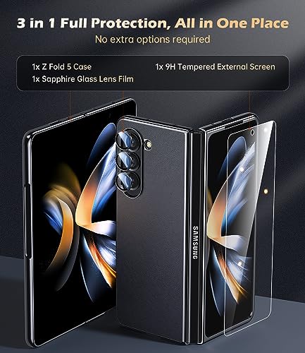 Waldeng 3-in-1 for Samsung Galaxy Z Fold 5 Case, [Omni-Directional Protection] [Metallic Glossy Bumper] Fascinating Touch Silm Fit Stylish Leather 5g Case for Galaxy Z Fold 5 Phantom Black