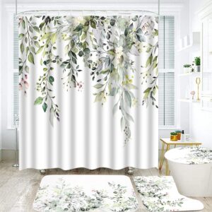 4pcs sage green eucalyptus shower curtain set, bathroom sets with shower curtain and rugs, boho leaves bathroom shower curtain sets with rugs, shower curtains for bathroom decor sets