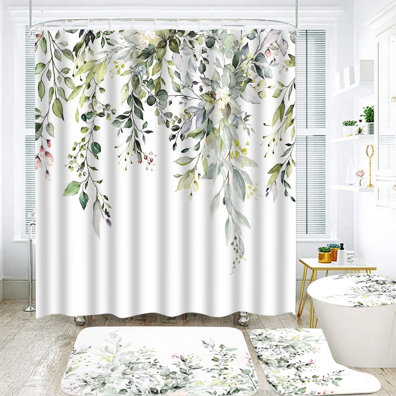 4Pcs Sage Green Eucalyptus Shower Curtain Set, Bathroom Sets with Shower Curtain and Rugs, Boho Leaves Bathroom Shower Curtain Sets with Rugs, Shower Curtains for Bathroom Decor Sets