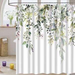 4Pcs Sage Green Eucalyptus Shower Curtain Set, Bathroom Sets with Shower Curtain and Rugs, Boho Leaves Bathroom Shower Curtain Sets with Rugs, Shower Curtains for Bathroom Decor Sets