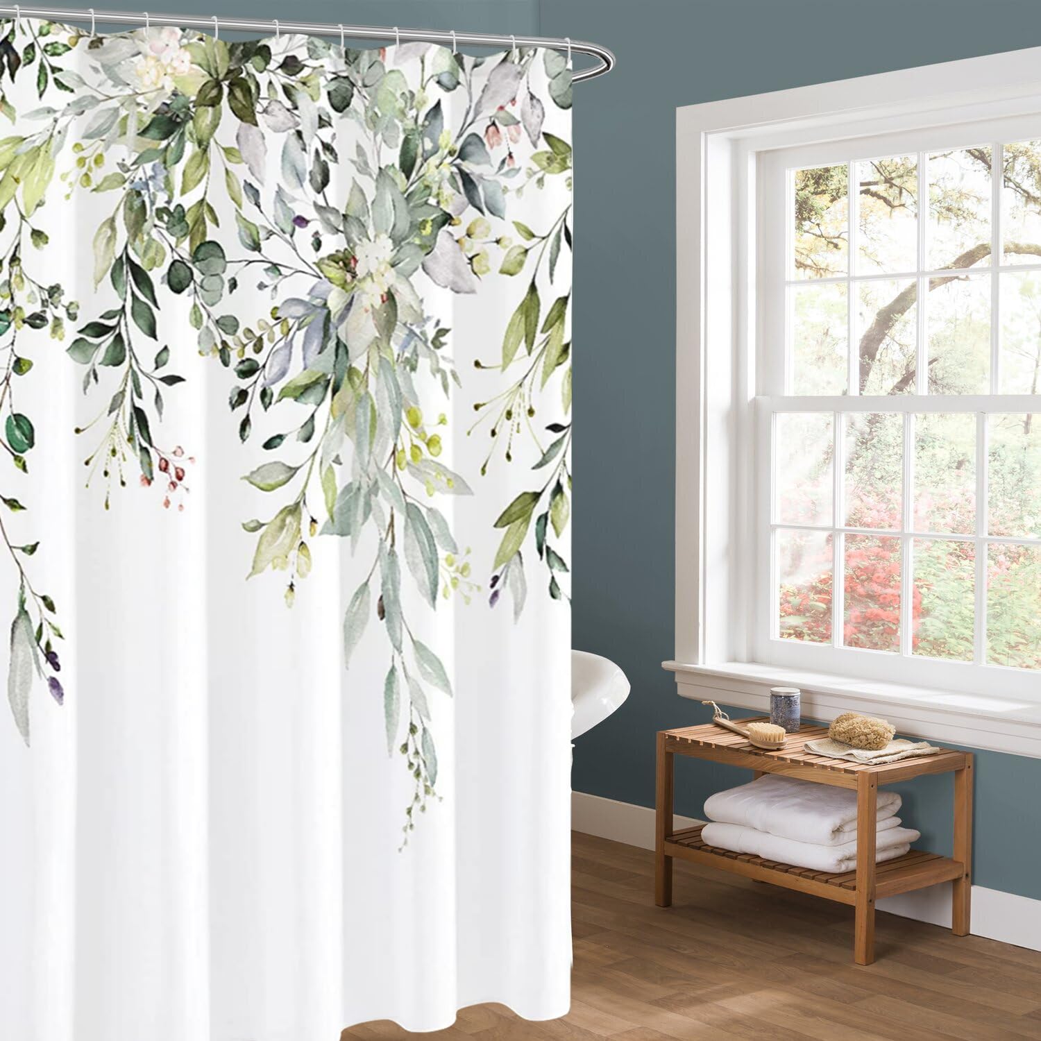 4Pcs Sage Green Eucalyptus Shower Curtain Set, Bathroom Sets with Shower Curtain and Rugs, Boho Leaves Bathroom Shower Curtain Sets with Rugs, Shower Curtains for Bathroom Decor Sets