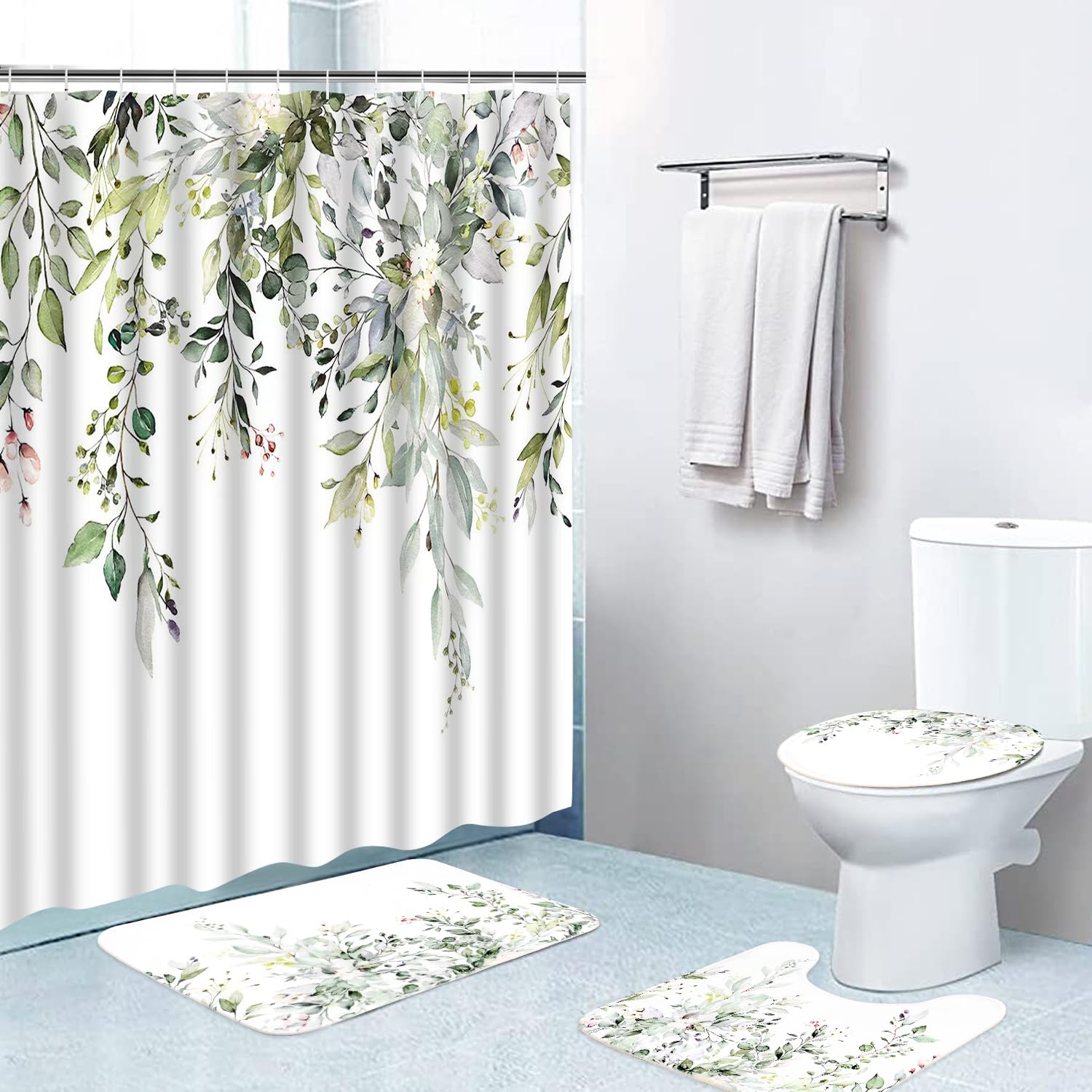 4Pcs Sage Green Eucalyptus Shower Curtain Set, Bathroom Sets with Shower Curtain and Rugs, Boho Leaves Bathroom Shower Curtain Sets with Rugs, Shower Curtains for Bathroom Decor Sets