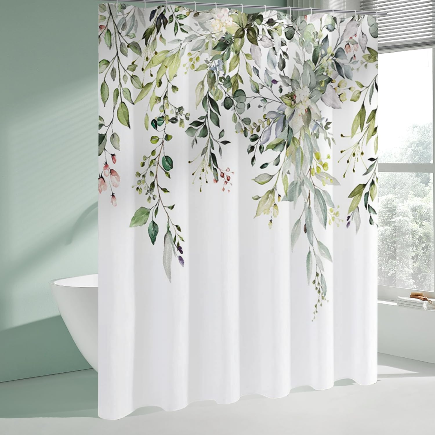 4Pcs Sage Green Eucalyptus Shower Curtain Set, Bathroom Sets with Shower Curtain and Rugs, Boho Leaves Bathroom Shower Curtain Sets with Rugs, Shower Curtains for Bathroom Decor Sets