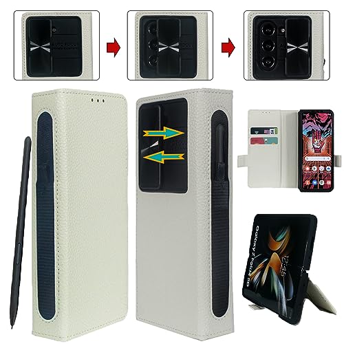 Vitodo for Galaxy Z Fold 5 Case with S Pen Holder - Genuine Leather Wallet Case Built in Slide Camera Cover, Card Slot, Kickstand, Hinge Protection Phone Cover for Samsung Galaxy Z Fold5 5G (White)