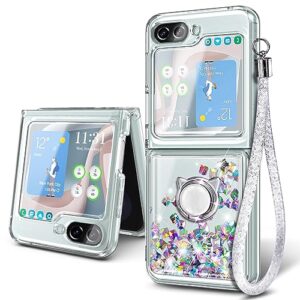 NGB Supremacy Compatible with Samsung Galaxy Z Flip 5 Case (5G 2023) with Ring Holder/Wrist Strap, Liquid Sparkle Floating Glitter Cute Girls Women Protective Case (Crystal Gem)