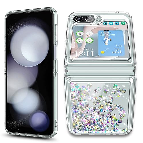 NGB Supremacy Compatible with Samsung Galaxy Z Flip 5 Case (5G 2023) with Ring Holder/Wrist Strap, Liquid Sparkle Floating Glitter Cute Girls Women Protective Case (Crystal Gem)