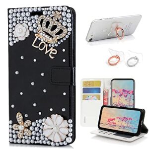 stenes bling wallet phone case compatible with samsung galaxy z fold 2 5g case - stylish - 3d handmade crown flowers design leather cover with ring stand holder [2 pack] - black