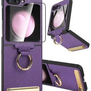 ATATOO for Samsung Galaxy Z Flip 5 Case with Ring & Kickstand & Built-in Screen Protector, Ultra-Thin Case Support Wireless Charging Durable Shockproof Anti-Slip Phone Case for Galaxy Z Flip 5, Purple