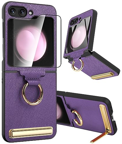 ATATOO for Samsung Galaxy Z Flip 5 Case with Ring & Kickstand & Built-in Screen Protector, Ultra-Thin Case Support Wireless Charging Durable Shockproof Anti-Slip Phone Case for Galaxy Z Flip 5, Purple