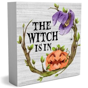 country halloween wood box sign fall rustic farmhouse style the witch is in wood block plaque 5 x 5 inches home desk sign decor for halloween presents