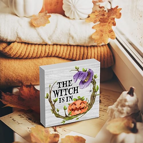 Country Halloween Wood Box Sign Fall Rustic Farmhouse Style the Witch is in Wood Block Plaque 5 X 5 Inches Home Desk Sign Decor for Halloween Presents