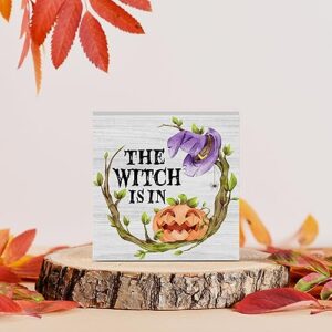 Country Halloween Wood Box Sign Fall Rustic Farmhouse Style the Witch is in Wood Block Plaque 5 X 5 Inches Home Desk Sign Decor for Halloween Presents