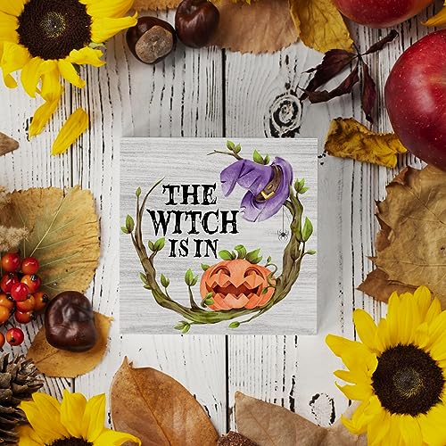 Country Halloween Wood Box Sign Fall Rustic Farmhouse Style the Witch is in Wood Block Plaque 5 X 5 Inches Home Desk Sign Decor for Halloween Presents