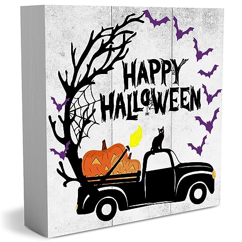 Country Halloween Wood Box Sign Autumn Rustic Farmhouse Style Happy Halloween Pumpkin Truck Wood Block Plaque 5 X 5 Inches Home Desk Sign Decor for Presents