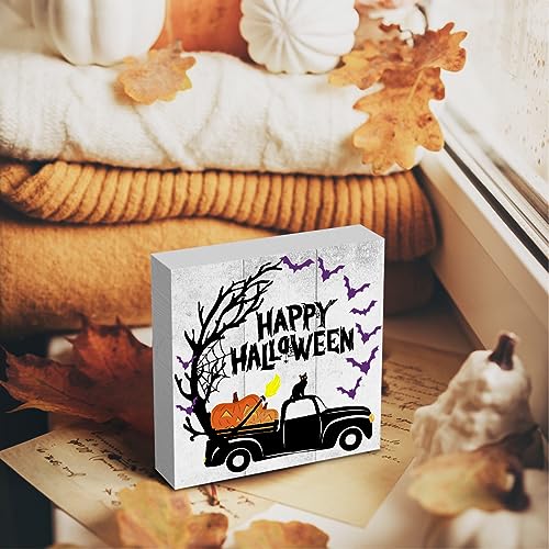 Country Halloween Wood Box Sign Autumn Rustic Farmhouse Style Happy Halloween Pumpkin Truck Wood Block Plaque 5 X 5 Inches Home Desk Sign Decor for Presents