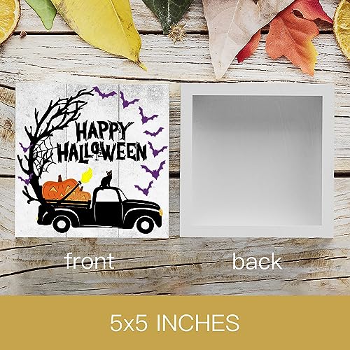Country Halloween Wood Box Sign Autumn Rustic Farmhouse Style Happy Halloween Pumpkin Truck Wood Block Plaque 5 X 5 Inches Home Desk Sign Decor for Presents