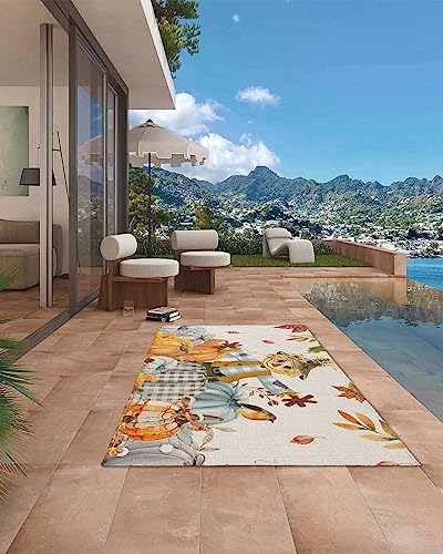 Outdoor Rug 4' x 6', Fall Scarecrow Large Area Rugs for Patio/RV/Deck/Porch/Indoors, Thanksgiving Pumpkin Autumn Leaves Water Absorption Camping Rug Carpet, Lightweight Washable Rug Runners