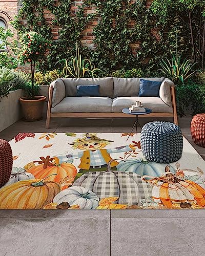 Outdoor Rug 4' x 6', Fall Scarecrow Large Area Rugs for Patio/RV/Deck/Porch/Indoors, Thanksgiving Pumpkin Autumn Leaves Water Absorption Camping Rug Carpet, Lightweight Washable Rug Runners