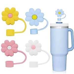 4pcs straw cover for stanley 30&40 oz tumbler, 0.4in silicone straw covers cap for stanley cup accessories, dust-proof protector topper reusable drinking straw tips lids(4pc colorful flower)