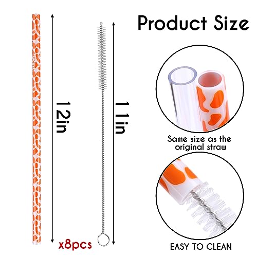 AIERSA 8 Pack Leopard Straw Replacement 40oz for Stanley,Plastic Reusable Straw for Stanley Adventure Quencher Travel Tumbler,Long Straws with Cleaning Brush for Stanley Cup Accessories