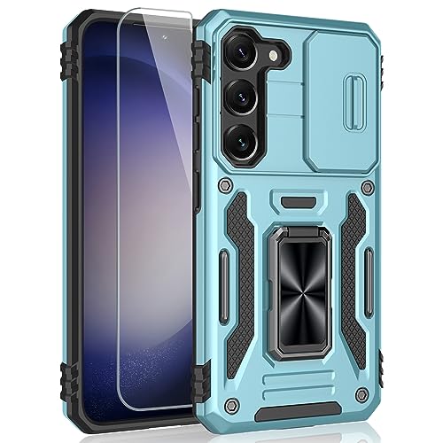 SYONER for Samsung Galaxy S23 Plus Case, Shockproof Phone Case with Sliding Camera Cover & Rotatable Ring Holder Kickstand + Tempered Glass Screen Protector for Galaxy S23+ (6.6", 2023) [Light Blue]