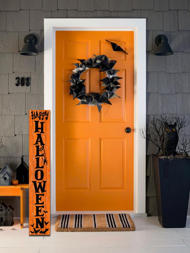 Isaric Happy Halloween Vertical Porch Sign 8"x63" Halloween Hanging Wooden Wall Decor Vertical Halloween Welcome Sign for Front Porch Standing Halloween Wooden Sign for Home Room Indoor Outdoor Holiday Party Halloween