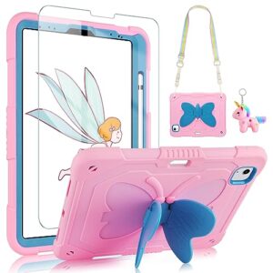 for ipad air 5th/4th generation case with screen protector,ipad pro 11 inch case butterfly stand strap cute dolls pencil holder kids hard cover for ipad air 4th 5th 10.9/ipad pro 11 2022-pink blue