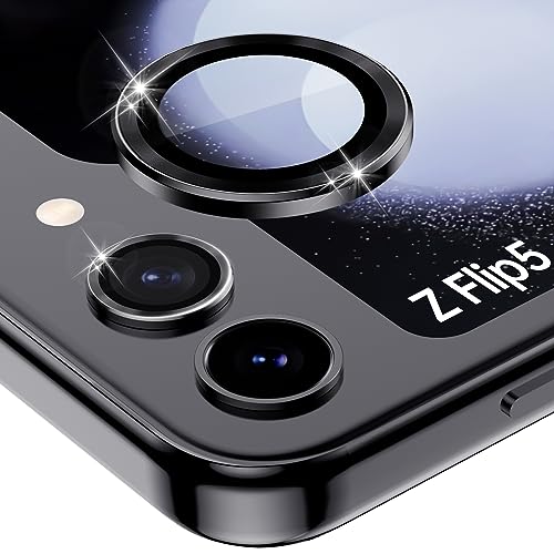 Vizvera for Samsung Galaxy Z Flip 5 Camera Lens Protector, Metal Ring 9H-Tempered Glass Camera Cover HD Clearly Anti-Scratch Individual Ring with Installation Tray-Black