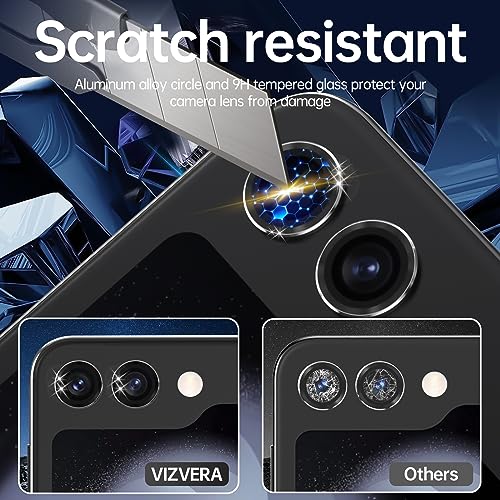 Vizvera for Samsung Galaxy Z Flip 5 Camera Lens Protector, Metal Ring 9H-Tempered Glass Camera Cover HD Clearly Anti-Scratch Individual Ring with Installation Tray-Black