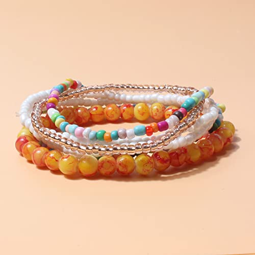 Fuqimanman2020 6pcs Bohemian Stackable Elastic Beaded Bracelet Set Multicolor Layered Seed Bracelets Summer Beach Holiday Jewelry-Yellow