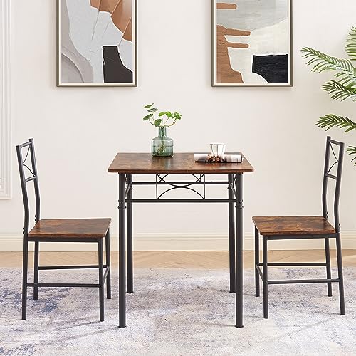 DREAMWZC 3-Piece Space-Saving Square Dining Table with Two Chairs,Perfect for Small Dining Rooms, Living Rooms, and Balconies,Brown