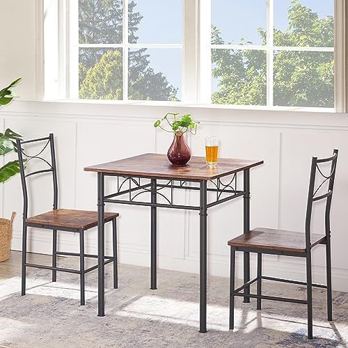 DREAMWZC 3-Piece Space-Saving Square Dining Table with Two Chairs,Perfect for Small Dining Rooms, Living Rooms, and Balconies,Brown