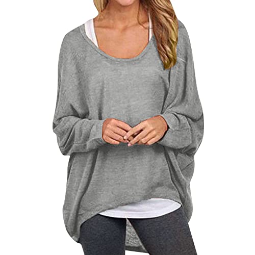 Womens Oversized Baggy Tops Off Shoulder Batwing Sleeve Blouse Long Sleeve Loose Fit Casual Pullover Sweater Shirts Grey