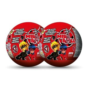miraculous ladybug, 4-1 surprise miraball, 2 pack, toys for kids with collectible character metal ball, kwami plush, glittery stickers and white ribbon (wyncor)