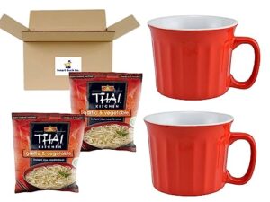 soup mug bundle with 2 large red mugs and 2 thai kitchen noodle soup packets