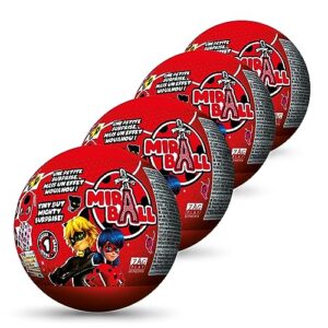miraculous ladybug, 4-1 surprise miraball, 4 pack, toys for kids with collectible character metal ball, kwami plush, glittery stickers and white ribbon (wyncor)