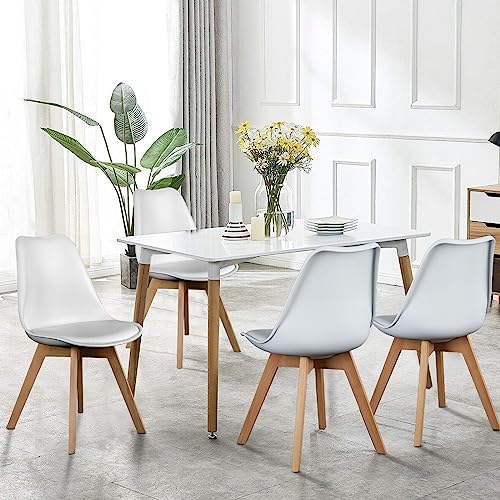 Sweetrcrispy Dining Chairs, Dining Chairs Set of 4, Dining Room Chairs, Kitchen Chairs, Mid Century Modern Chairs, PU Leather Upholstered Chairs with Wood Legs, Kitchen & Dining Room Chairs, White