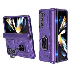 ziye compatible with samsung galaxy z fold 5 case with [slide camera lens cover][ring holder][hinge protection] shockproof kickstand case for galaxy z fold 5 5g(2023)-purple