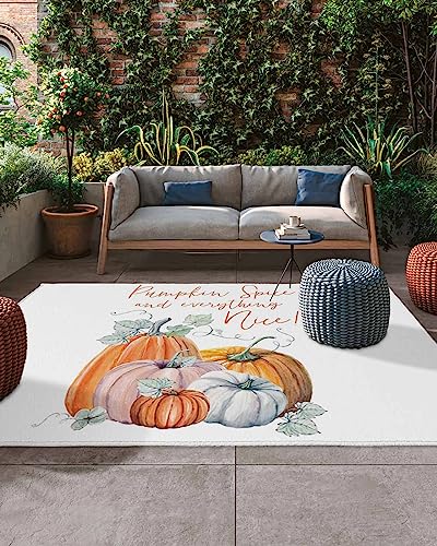 Outdoor Rug Pumpkin Space Fall Harvest Thanksgiving Autumn Leaf Orange Area Rug, Easy Cleaning Waterproof Outdoor Plastic Straw Rug for Patio Decor Backyard Deck Picnic Camping Living Room, 4x6 Feet