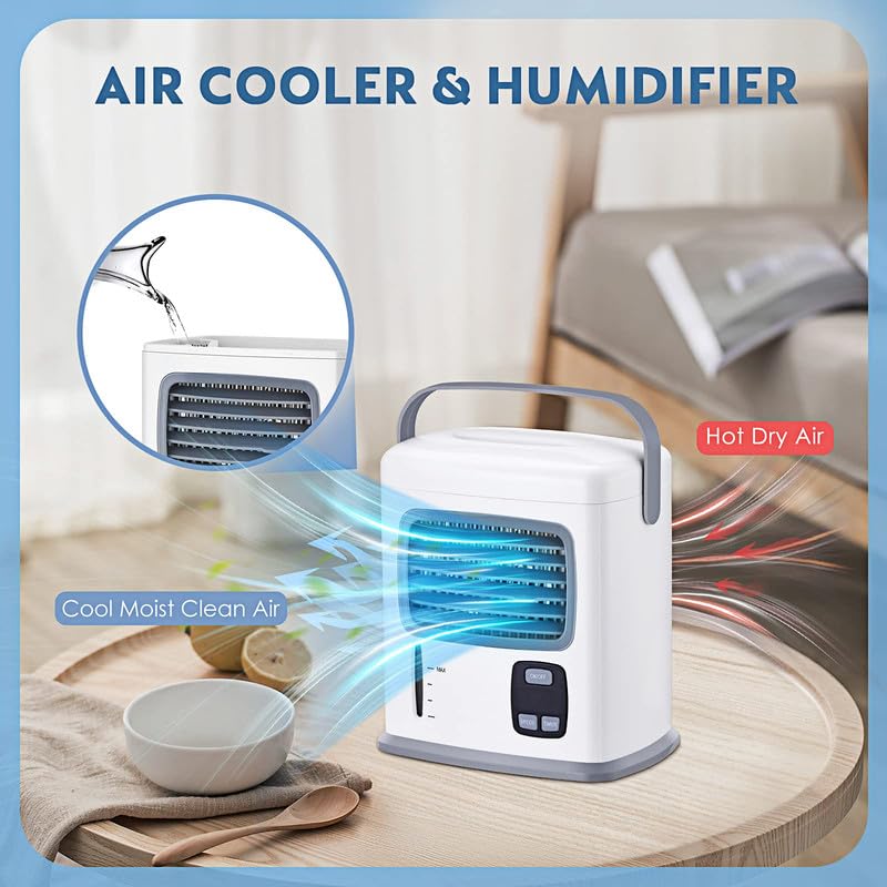 Air Choice Quiet Evaporative Air Cooling Cooler - 3 in 1 Mini Air Conditioner Cooling Fan, 12H Timer 500ML Water Tank, Adjustable Angles w/2 Speeds, Ideal for Desk Table Home Room Bedroom Office Dorm