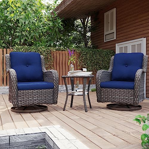 MeetLeisure Outdoor Swivel Rocker Wicker Chairs Set of 3, High Back Swivel Patio Chairs Wicker Furniture Set, 2PCS Rattan Swivel Rocking Chair with Side Table(Mixed Grey/Blue)