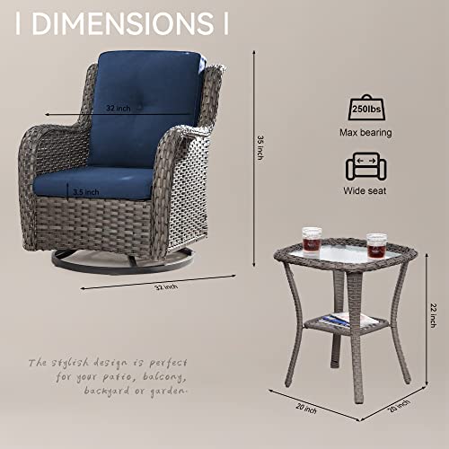 MeetLeisure Outdoor Swivel Rocker Wicker Chairs Set of 3, High Back Swivel Patio Chairs Wicker Furniture Set, 2PCS Rattan Swivel Rocking Chair with Side Table(Mixed Grey/Blue)