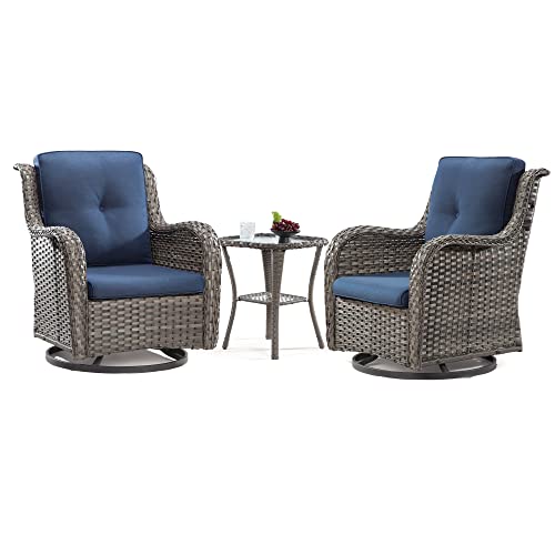 MeetLeisure Outdoor Swivel Rocker Wicker Chairs Set of 3, High Back Swivel Patio Chairs Wicker Furniture Set, 2PCS Rattan Swivel Rocking Chair with Side Table(Mixed Grey/Blue)