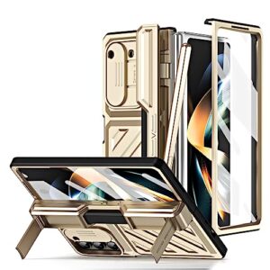 puroom for samsung galaxy z fold 5 hinge coverage protective case pen box & kickstand, slide camera lens cover, screen protector full body shockproof case (gold)